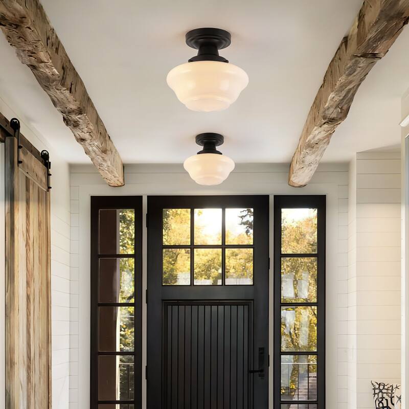 8.7" 1-Light Vintage Brass/Black Milk Glass Flush Mount Ceiling Light for Hallway