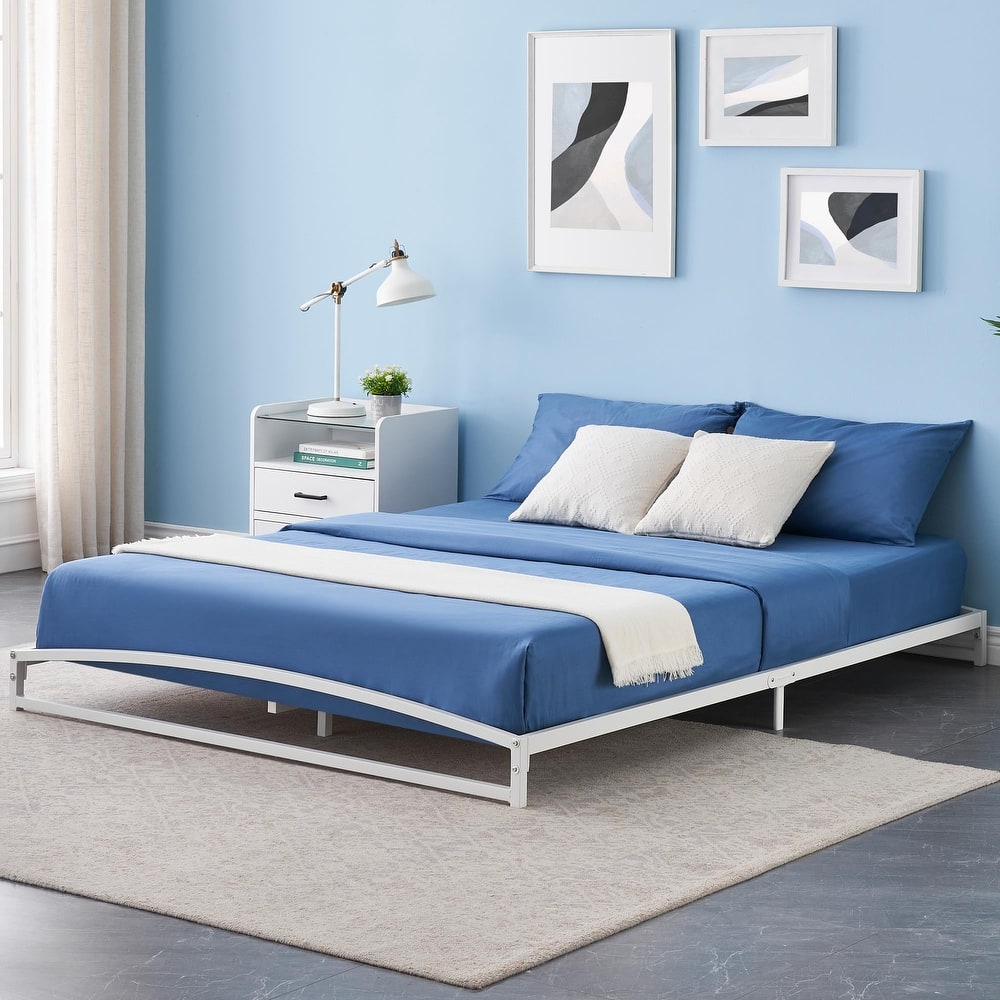 White 6 Inch Metal Platform Low Profile Bed Frame