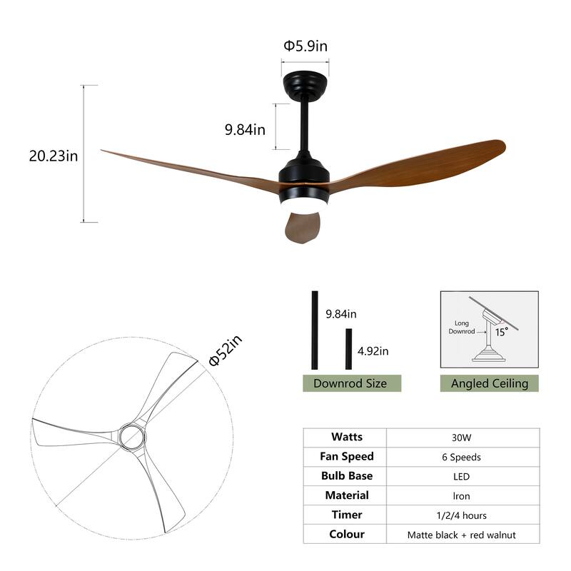 52" Ceiling Fan with Lights, Quiet DC Motor 3 ABS Blade Ceiling Fans, 6 Speed Levels, Reversible Ceiling Fan