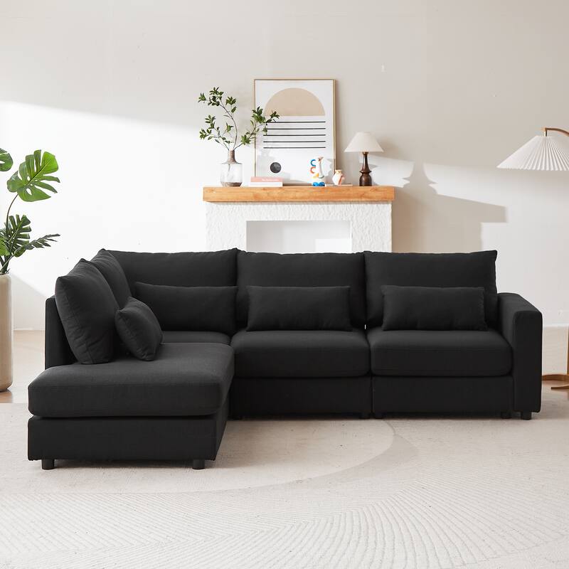 100.2" Linen L-Shaped Sectional Sofa with Ottoman & Lumbar Pillows