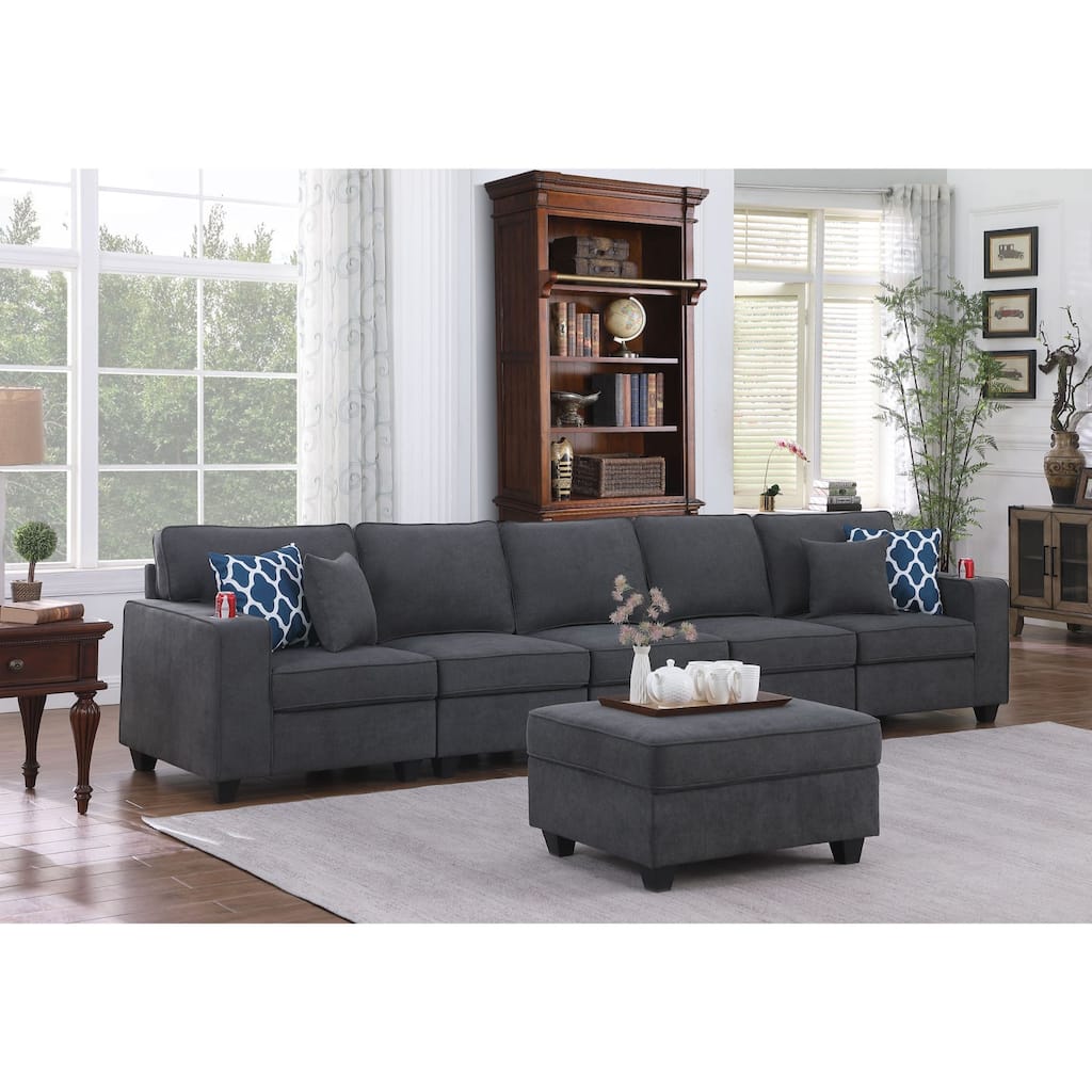Woven Upholstered 5-Seater Sofa with Ottoman in Stone Gray