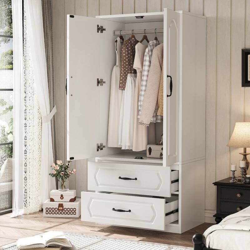 69" Wooden Armoire Wardrobe Closet with Drawers, Modern Bedroom Storage Cabinet with Hanging Rod
