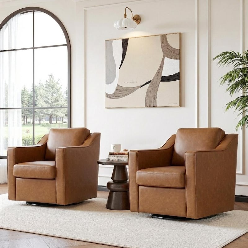 Chenille/Leather Swivel Barrel Chair(Set of 2) Modern Club Chair by UIXE - Faux Leather - Brown