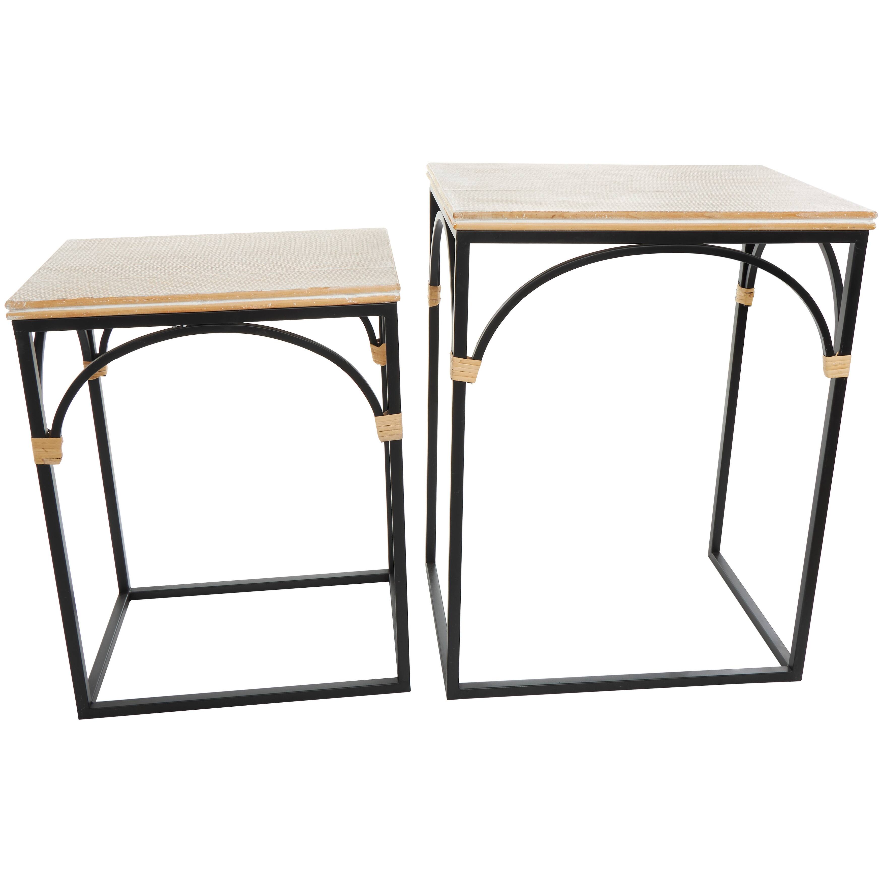 Black Metal Arched Accent Table with Wood Zig Zag Patterned Top and