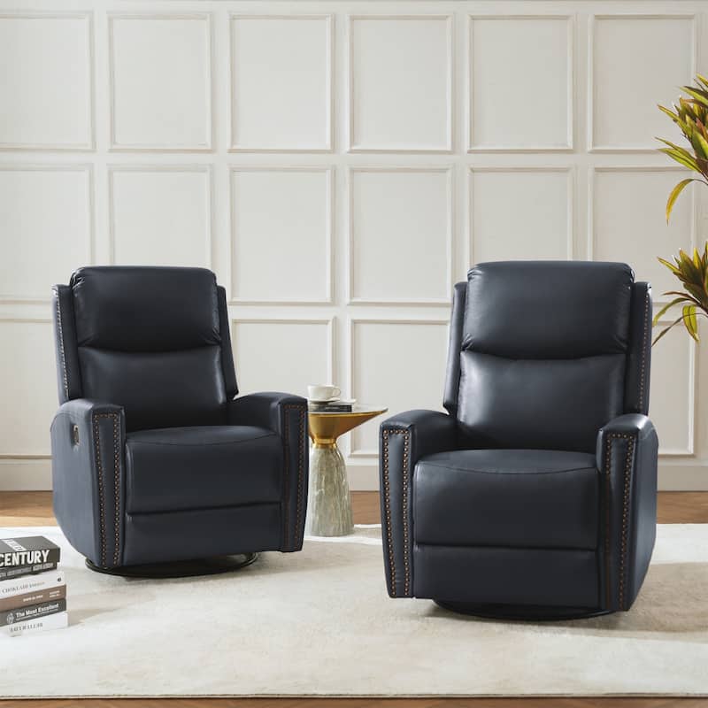 Fiacro 30.31"Wide Modern Genuine Leather Wingback Swivel Rocker Recliner with Nailhead Trims, Set of 2 - NAVY
