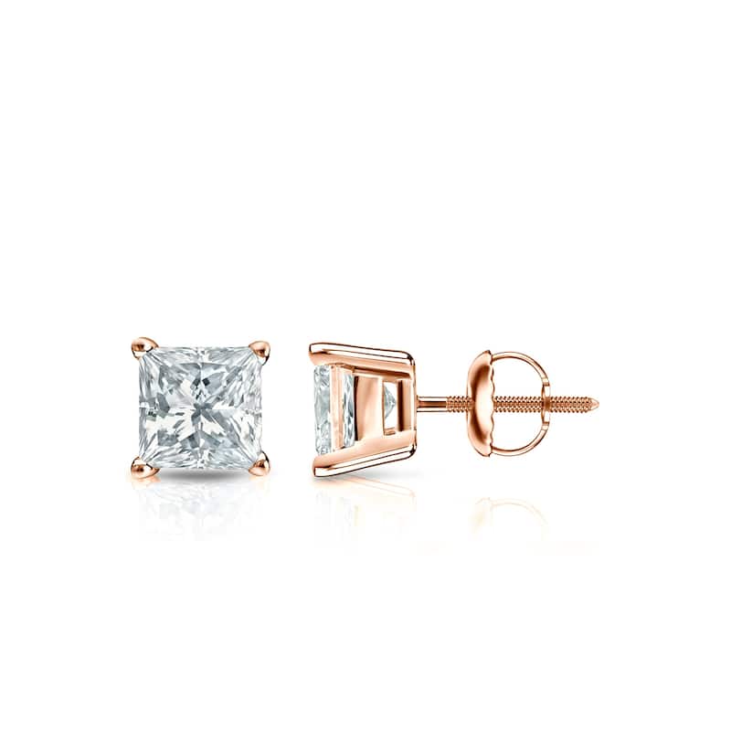 Auriya 14-karat Gold Lab Grown 0.62 carat TDW Princess Diamond Stud Earrings 4-Prong Basket Screw-back - Rose