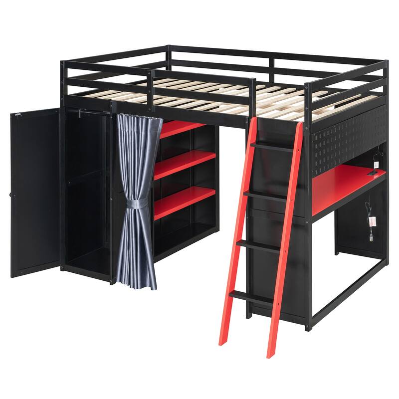 All-in-One Loft Bed Full Size Bedframe with Wardrobe, Shelves, Blackout Curtains, Pegboard, Charging Station and RGB Light Strip