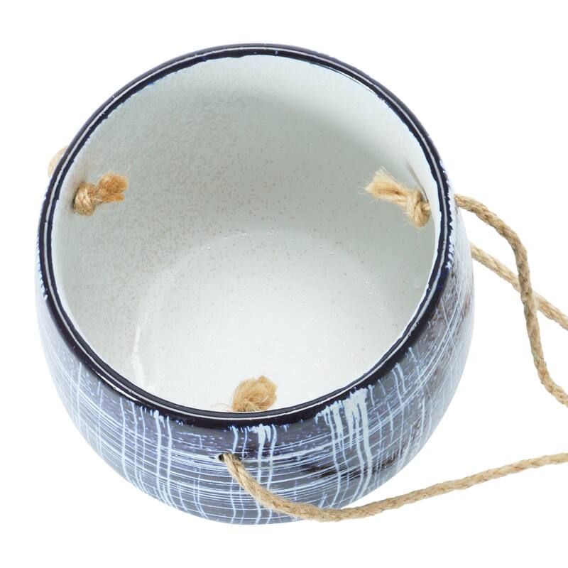 Hanging Stoneware Planter with Line Patterns and Jute Rope