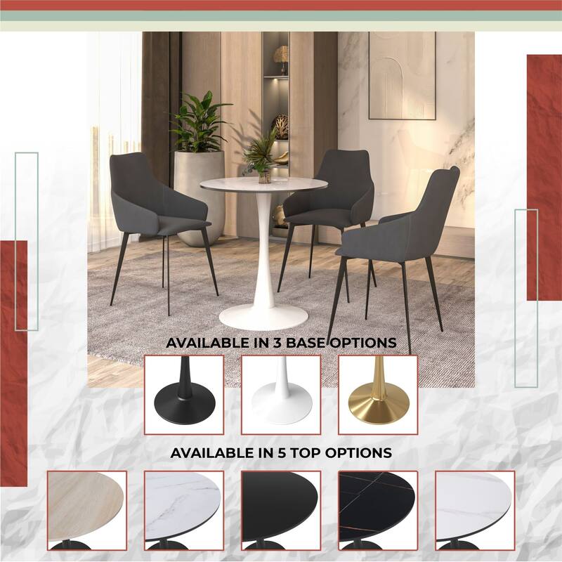 Bristol 27" Round Dining Table Sintered Stone Tabletop & White Stainless Steel Pedestal Base for Kitchen & Dining Room