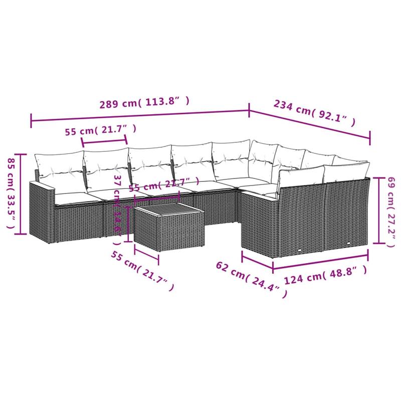 vidaXL Patio Sofa Set with Cushions Outdoor Conversation Furniture Poly Rattan - 24.4 x 24.4 x 27.2 in