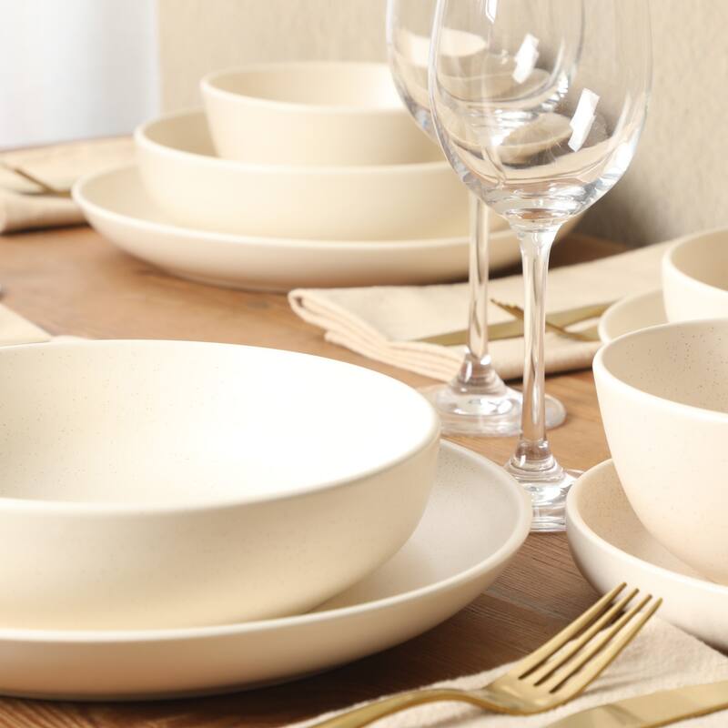 Gibson Elite Leeds Court Plates and Bowls Sets, 16-Piece Stoneware Dinnerware Sets, Round Speckle Reactive Glaze Dish Set