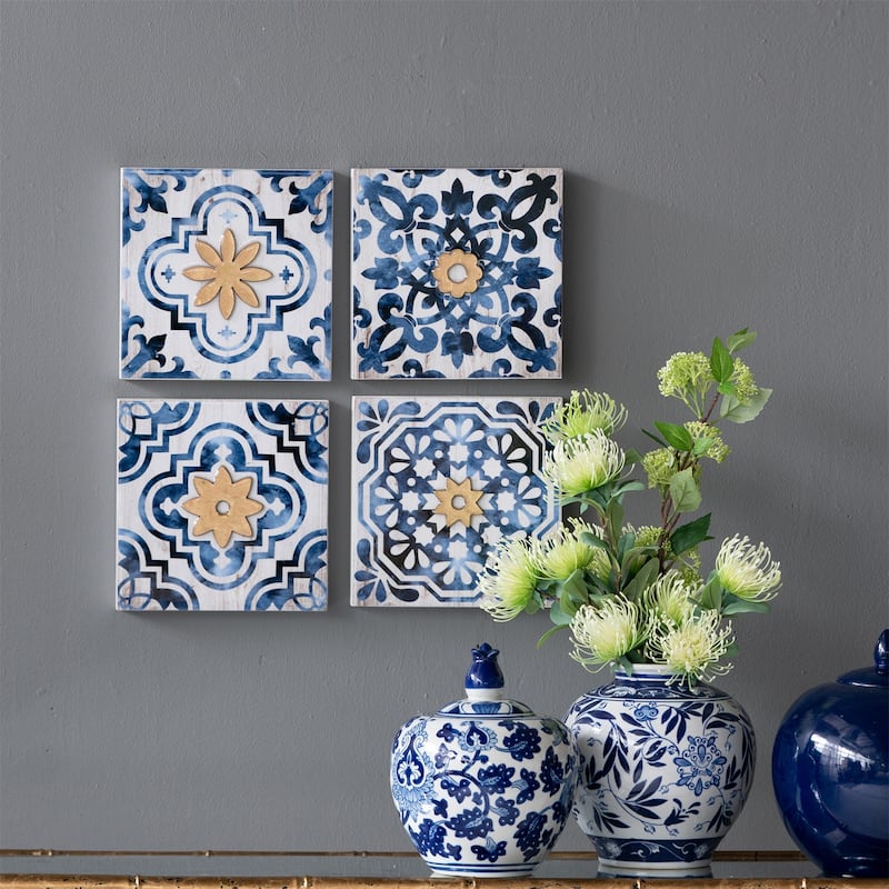 9.5 x 9.5 inch S/4 Abstract Wall Decor Accents in Blue, White and Gold - White+Blue