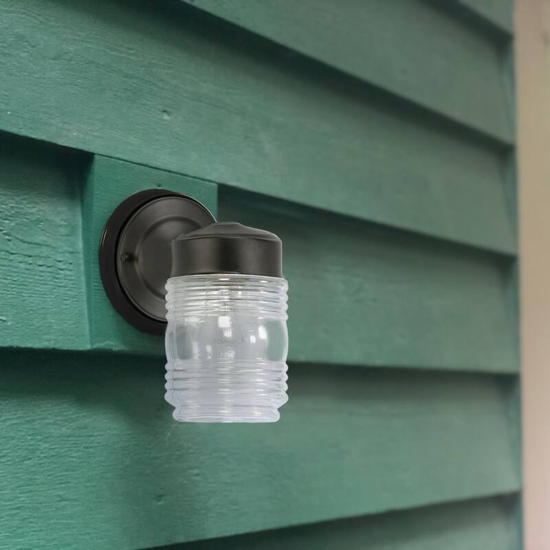 Design House Jelly Jar 1-Light Indoor/Outdoor Matte Black Wall Light with Clear Ribbed Glass