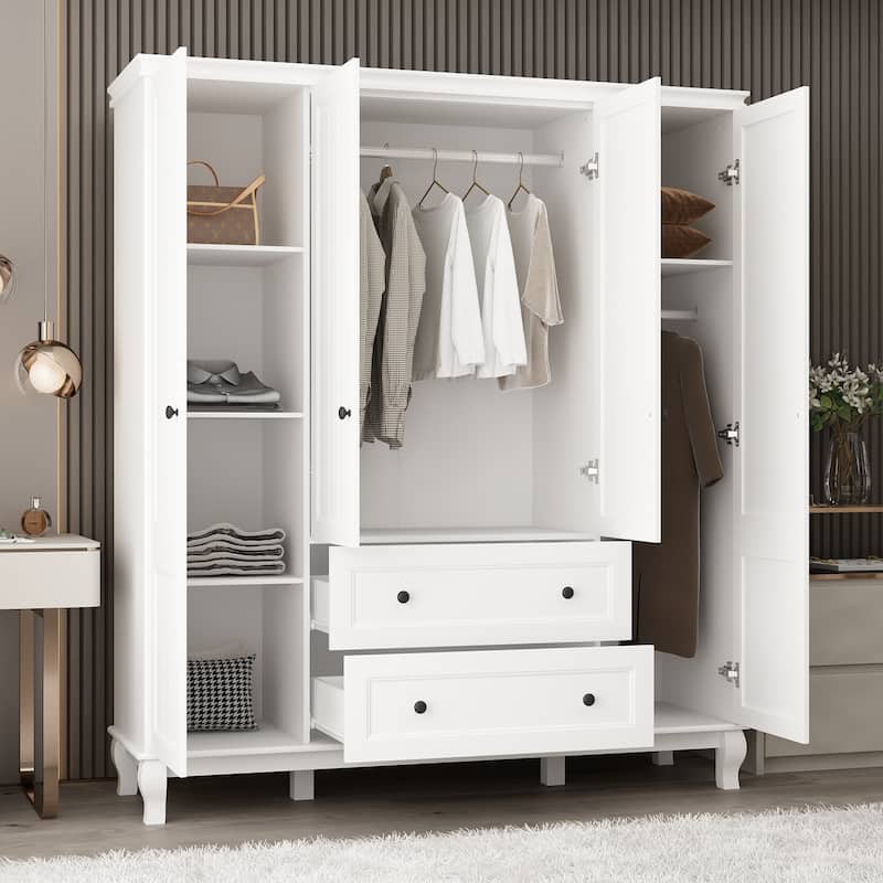 Timechee 63" Wardrobe ARMOIRES White 4 Doors 2 Drawers Lacquer