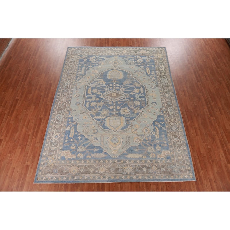 Hand Knotted Oriental 100% Wool Carpet Transitional Medallion Navy Blue & Blues Oushak Area Rug - 12' 1'' X 9' 1''