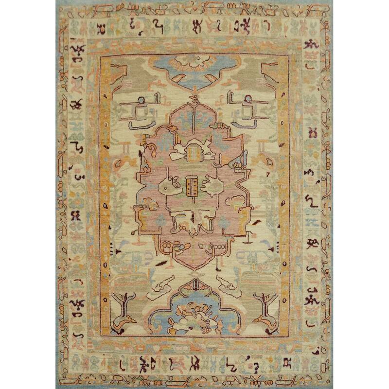 Vegetable Dye Wool Oushak Turkish Area Rug, Medallion Geometric Carpet - 9' 8'' X 8' 4''