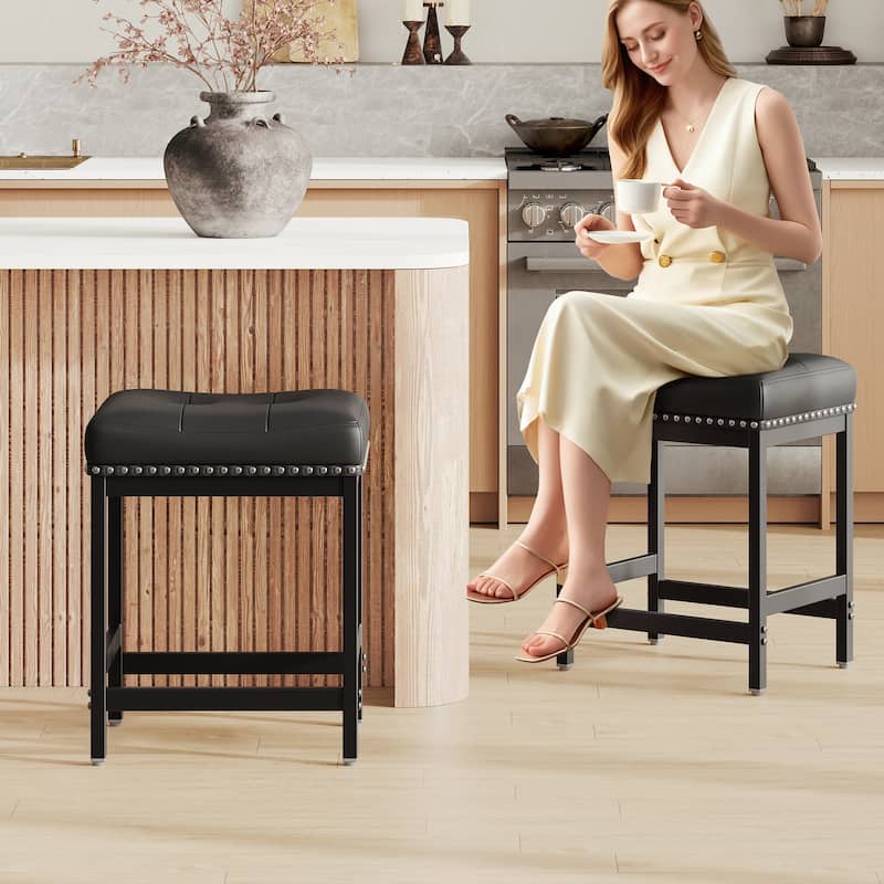 RENEWLINE 24.4" Backless Bar Stools Set of 2 - PU Leather Counter Height - Kitchen Island & Bar