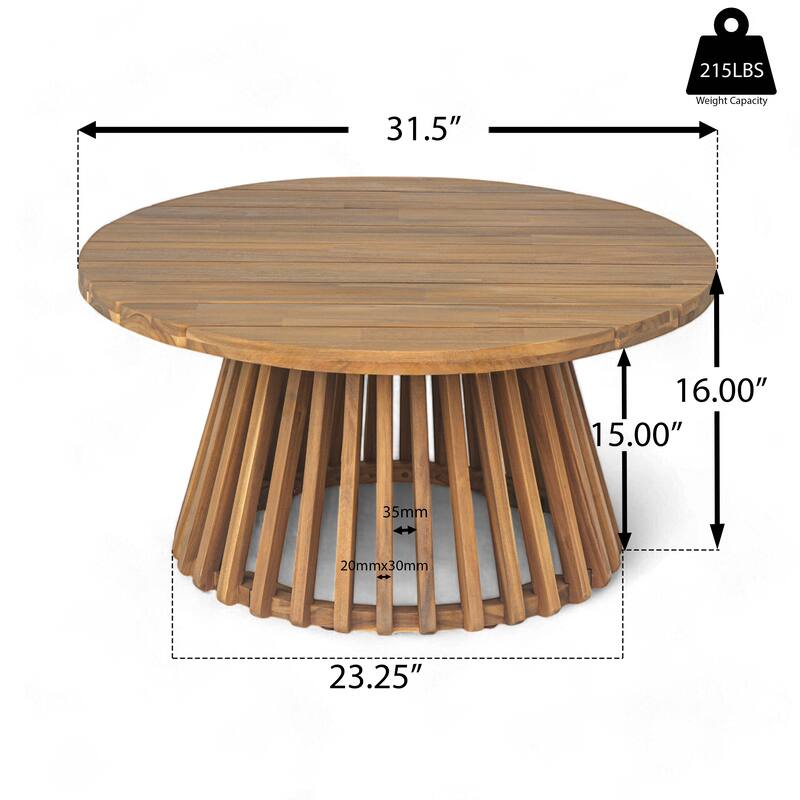 Roomfitters Round Outdoor Coffee Table with Slatted Tapered Base and Solid Wood Top, Modern Patio Center Table, Natural