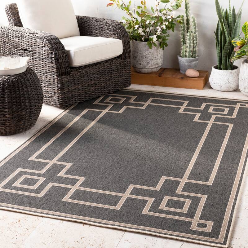 Livabliss Odette Greek Key Border Indoor/ Outdoor Area Rug - 7'3" Square - Beige/Red