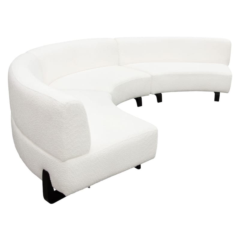 Ikka 3pc Curved Modular Sofa, White Faux Shearling, Black Wood Base