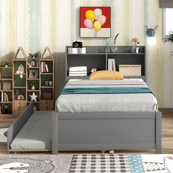 slide 2 of 15, Twin Wood Platform Bed with Trundle, Versatile Platform Bed with Storage Headboard, Solid Wood Bedframe for Living Room Bedroom Grey - Twin