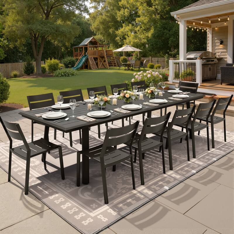 7/9/11/13-Piece Patio Dining Set Outdoor All-Weather Aluminum Dining Table with Umbrella Hole and Stackable Chairs - Set of 13 - with armless chair