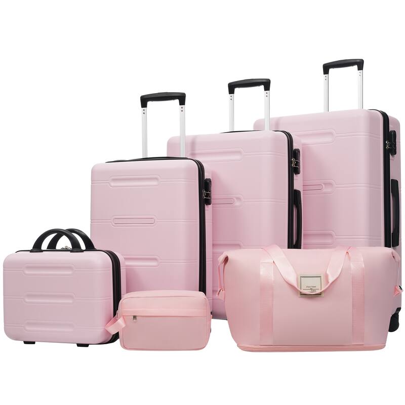 6 Piece Luggage Set, with Double Spinner Wheels Handle Password Lock, 14 IN Cosmetic Case 20/24/28 IN Luggages with Bag - Pink