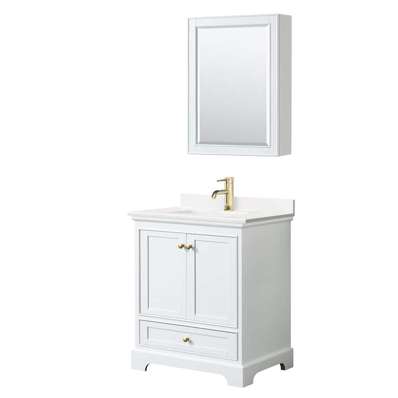 Deborah 30-inch Single Vanity, Quartz Top, Medicine Cabinet - White, Gold Trim, White Quartz Top