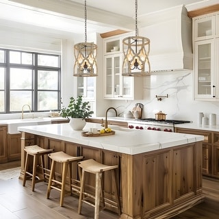 LALUZ Farmhouse 3-Light Wood Cage Lantern Chandelier Rustic Pendant for Kitchen Island Foyer