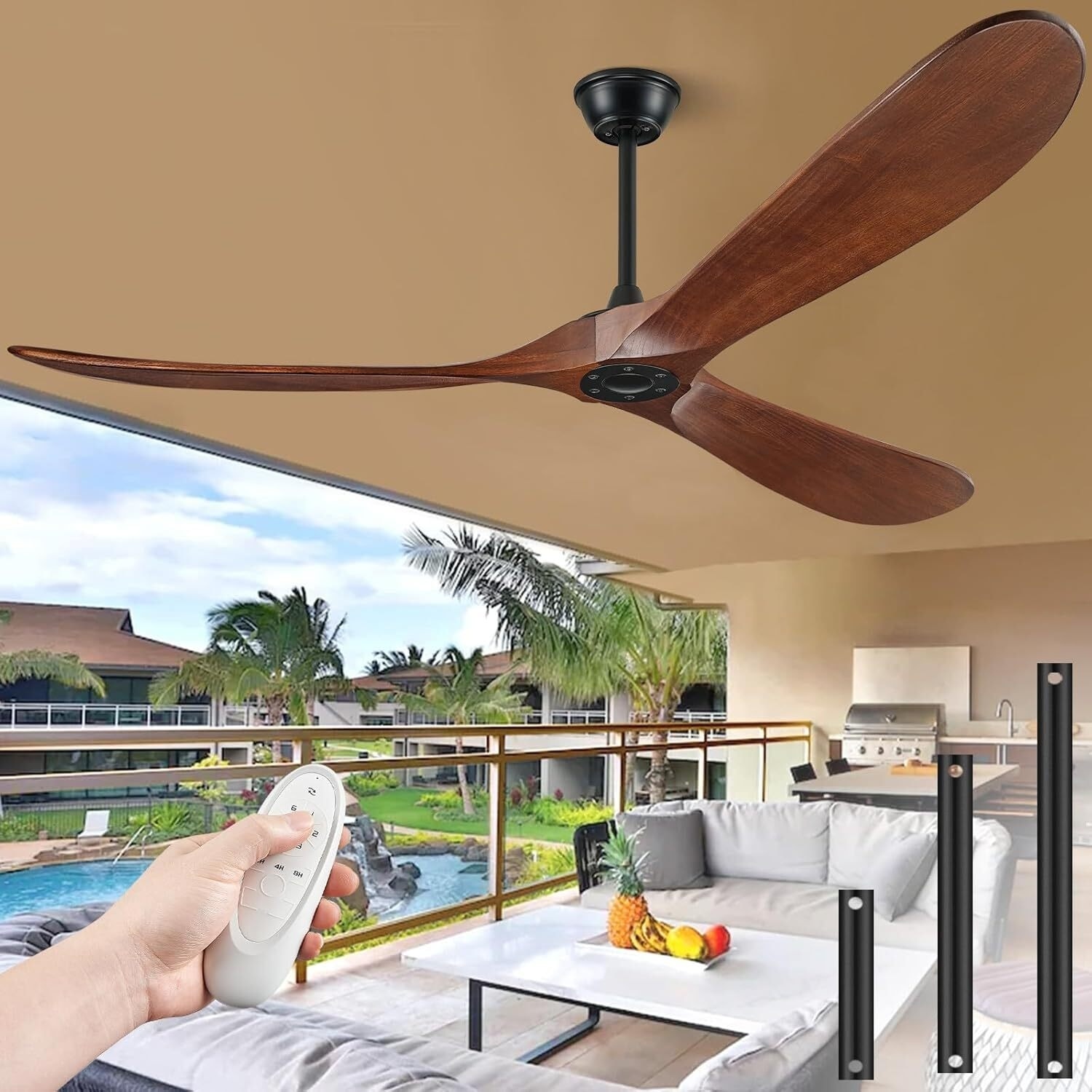 Sofucor 52/60/72 Inch Large Solid Wood Ceiling Fan without Light,With Wall Switch and Remote,for Patio,Living Room,Bedroom,Porch