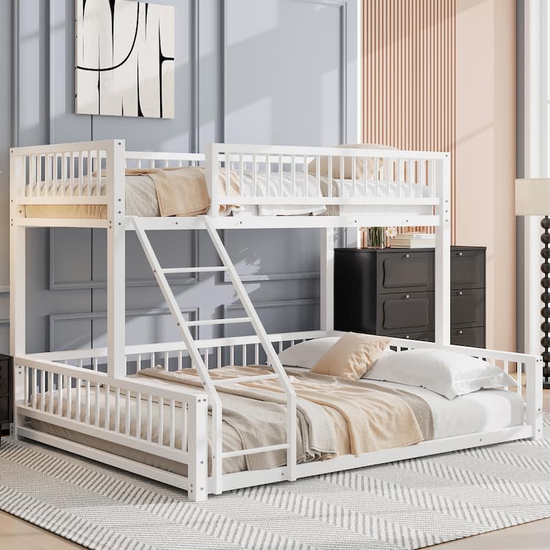 Roomfitters Twin/Full XL over Queen Floor Bunk Bed Frame with Ladder and Safety Guardrails Easy Assembly, Black - White - Twin