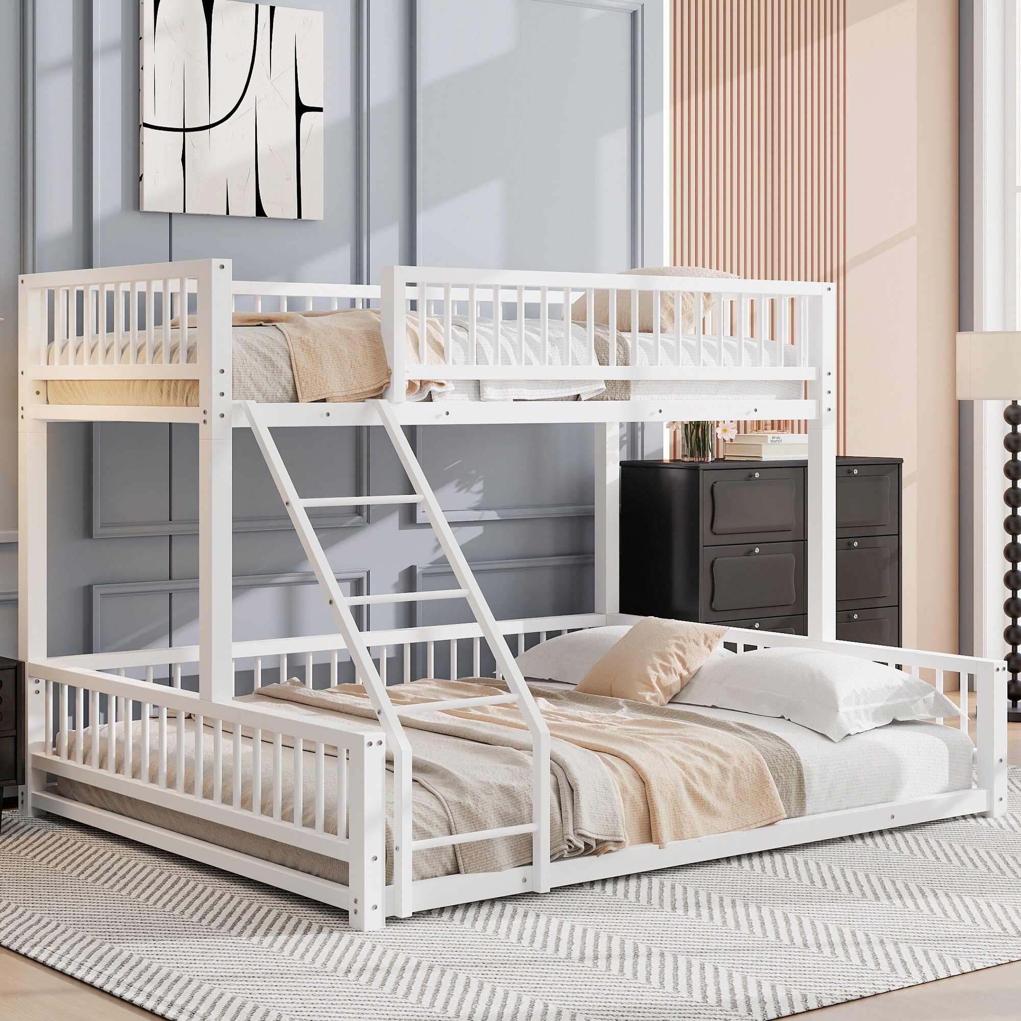 Twin XL over Queen Metal Bunk Bed with Safety Guardrails and Detachable Design