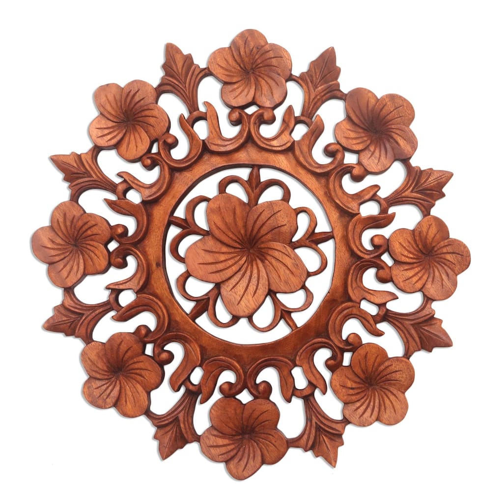 Handmade Frangipani Garland Wood Relief Panel (Indonesia) - 15.5" H x 15.5" W x 0.8" D