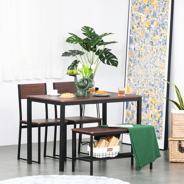 HOMCOM 4-Piece Industrial Dining Table Set with Table, 2 Chairs, Storage Rack, and Bench, for Dining Room, Black/Brown. Opens flyout.