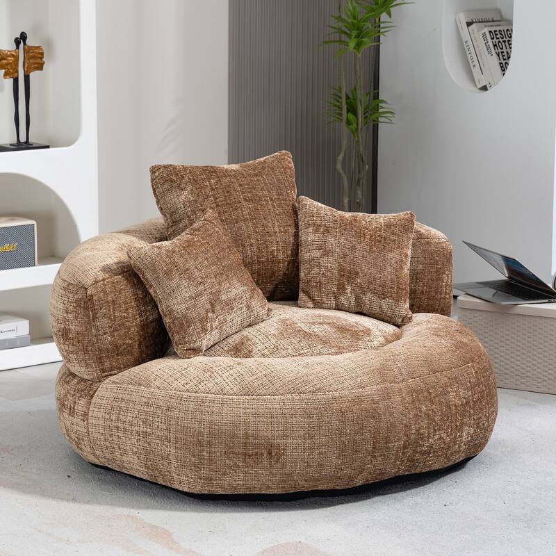 Chenille Upholstered Durable Comfort Lounger High Back Bean Bag Lazy Sofa With Three Pillows - Coffee
