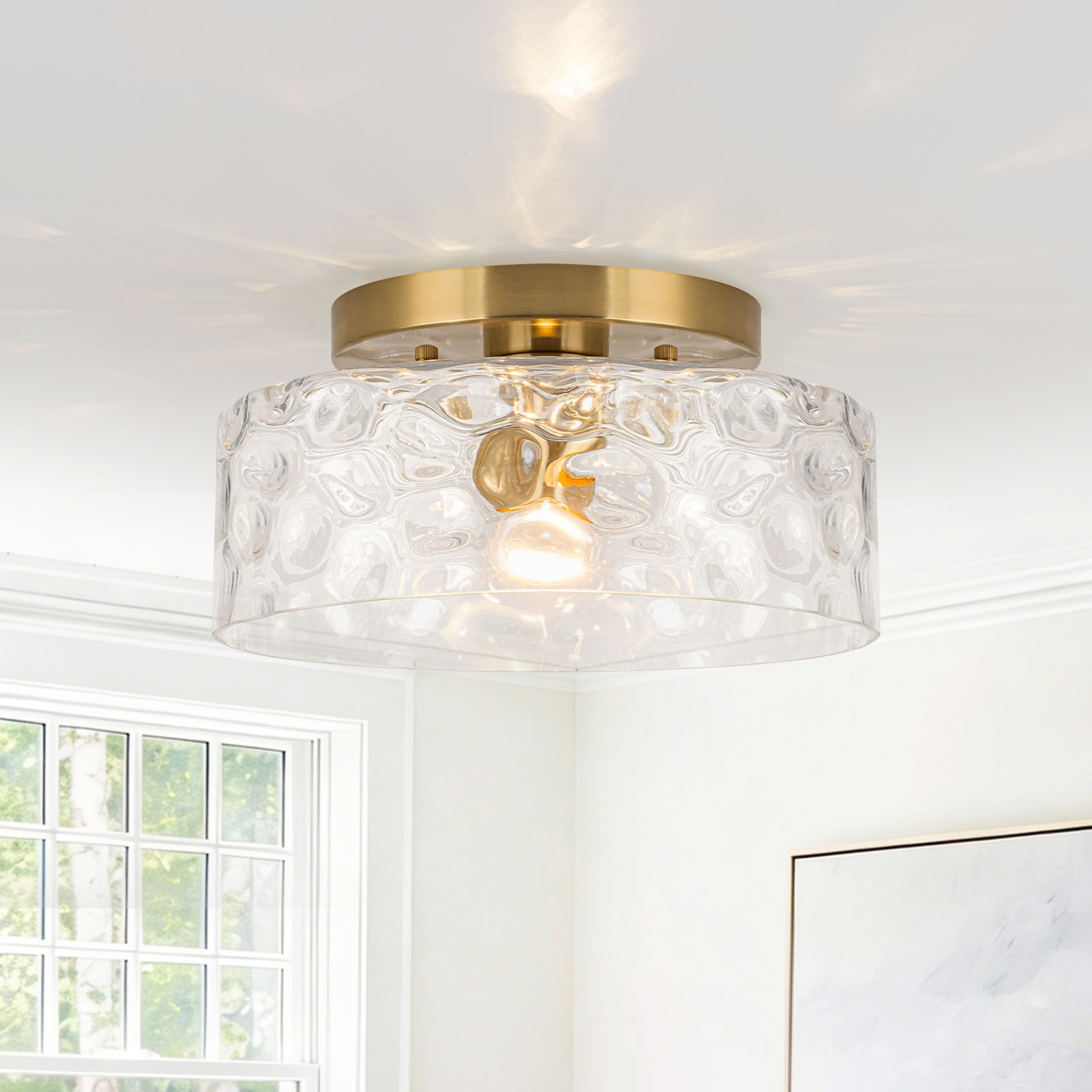 Modern Drum Flush Mount Ceiling Light Clear Water Ripple Glass Shade - Dia.11.81inch