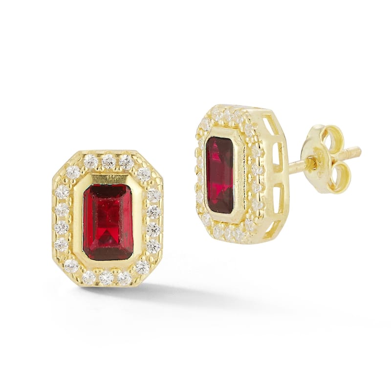 Soleil Sterling Silver Emerald Cut CZ Halo Studs - Yellow-Red