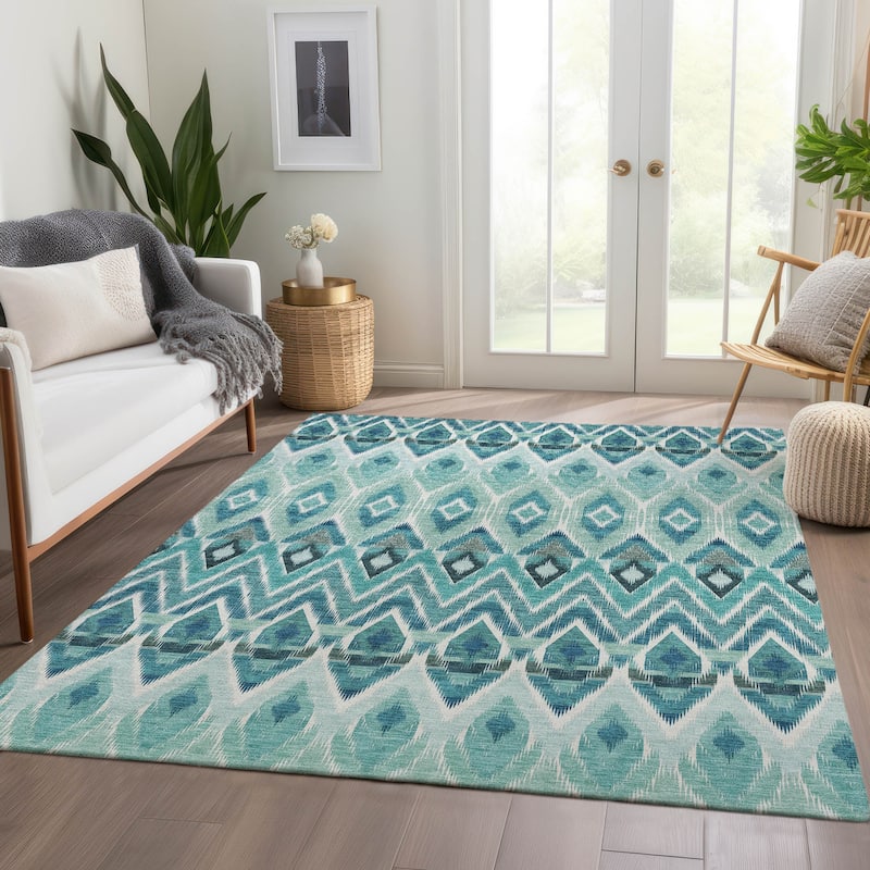 Machine Washable Indoor/ Outdoor Chantille Geometric Boho Rug - Teal - 5' x 7'6"