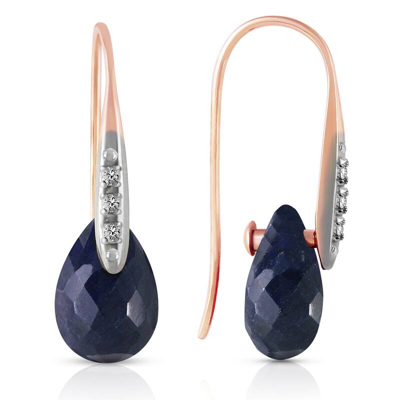 14K Solid Gold Hook Earrings w/ Diamonds & Dangling Dyed Sapphires - Rose