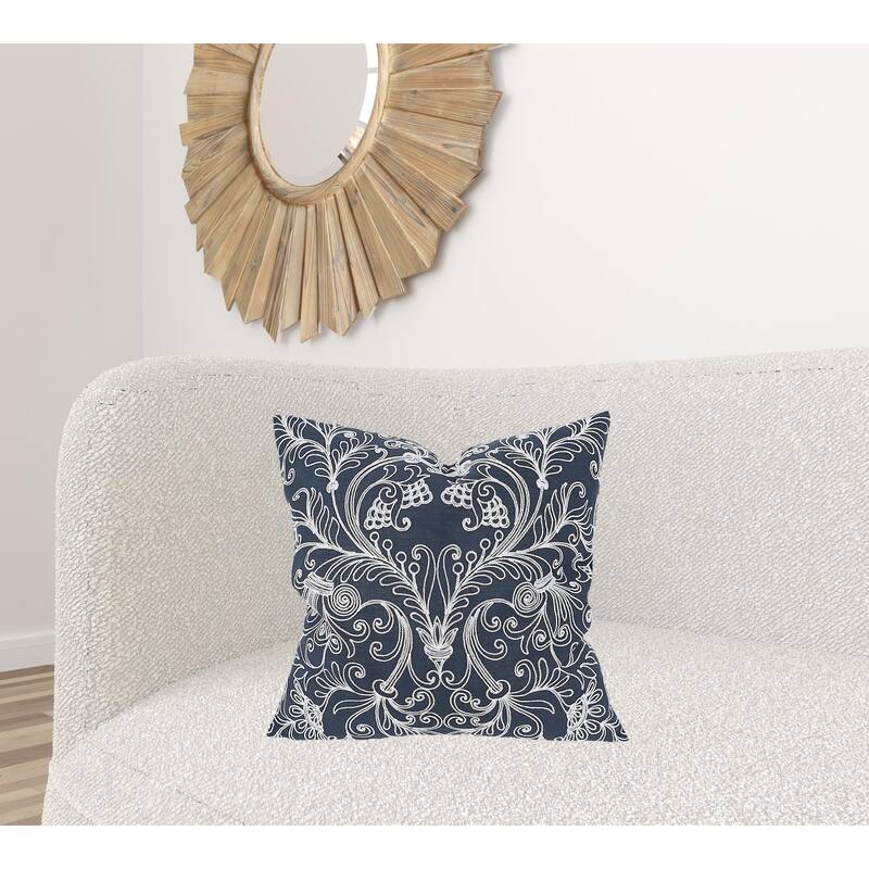 HomeRoots 20" X 20" Blue and White Damask Polyester Zippered Pillow With Embroidery