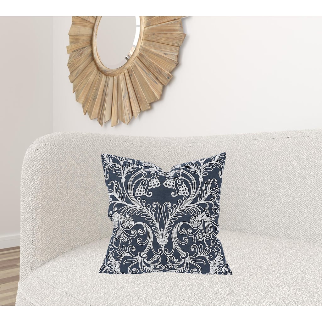 HomeRoots 20" X 20" Blue and White Damask Polyester Zippered Pillow With Embroidery