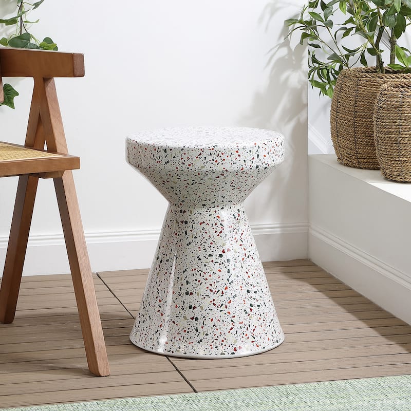 Indi 17.75" Modern Bohemian Terrazzo Indoor/Outdoor Drum Accent Table, by JONATHAN Y