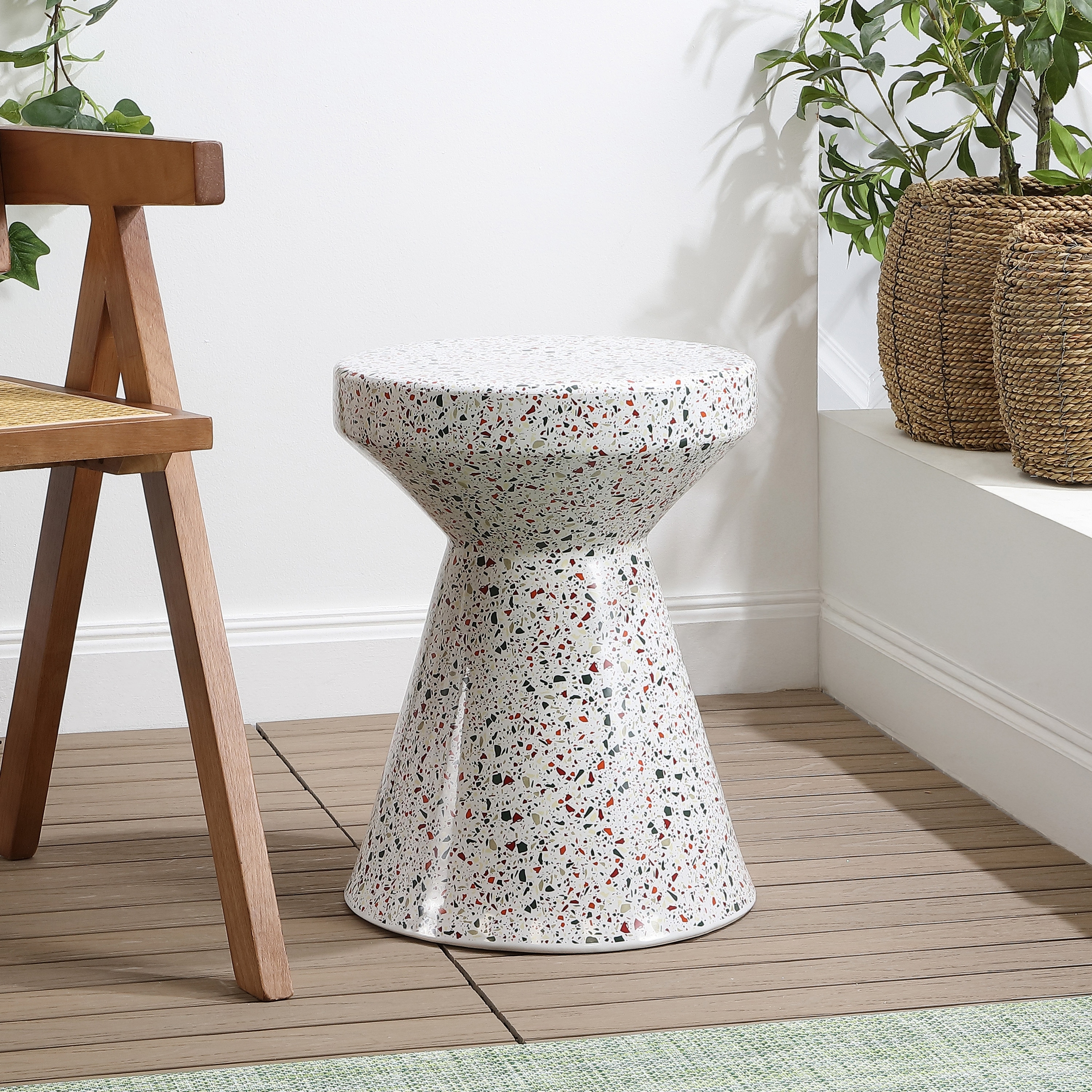 Xenia Modern Terrazzo Ceramic Outdoor Garden Stool, Hourglass Accent Side Table & Plant Stand for Patio or Living Room