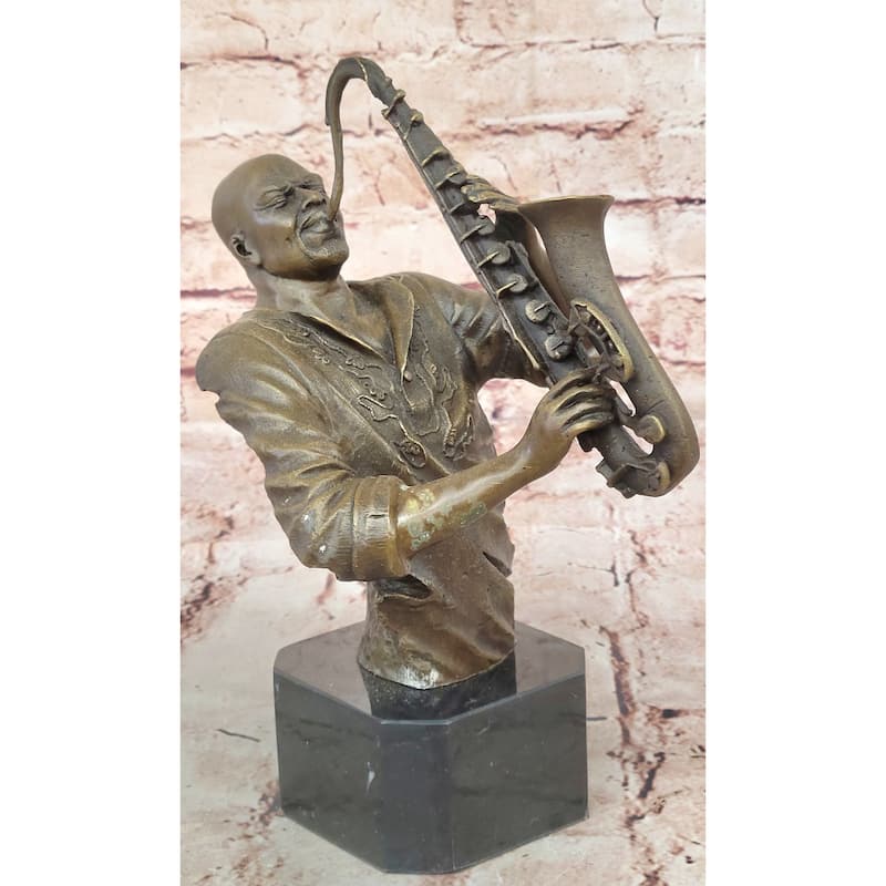 Black African American Saxaphone Player Jazz Musician Bronze Marble Statue 10 Inches X 9 Inches