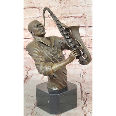 Black African American Saxaphone Player Jazz Musician Bronze Marble Statue 10 Inches X 9 Inches