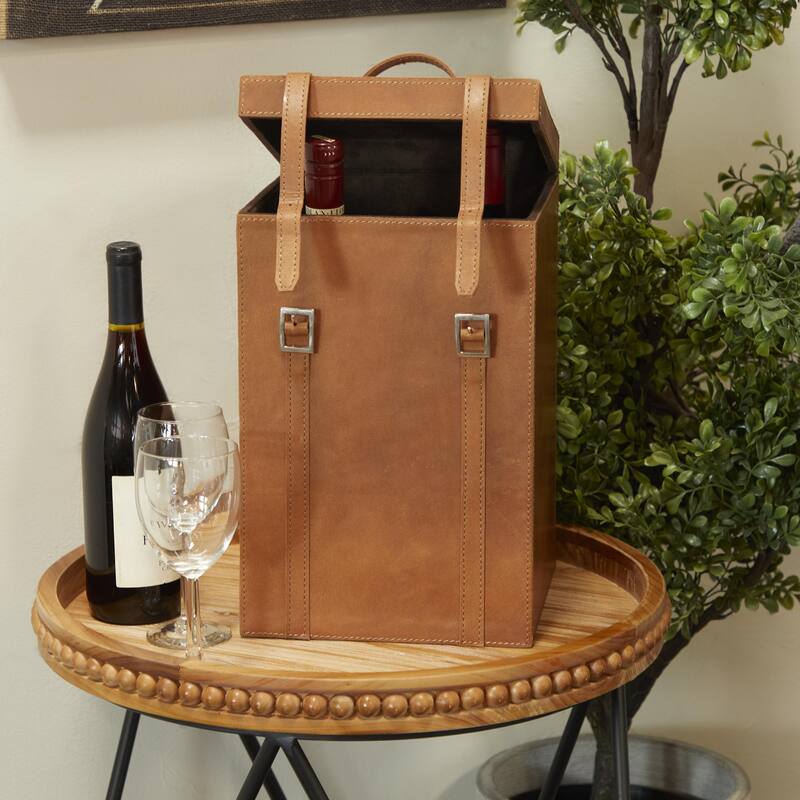 Leather Handmade Bottle Wine Holder with Carrying Handle - Dark Blue, Brown, Red - Roche River Decor