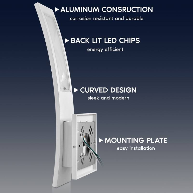 LUXRITE 15-Inch LED Curved Outdoor Wall Sconce, 5CCT, 1000LM, 15W, IP65, Dimmable, Exterior Light Fixture White 2 Pack