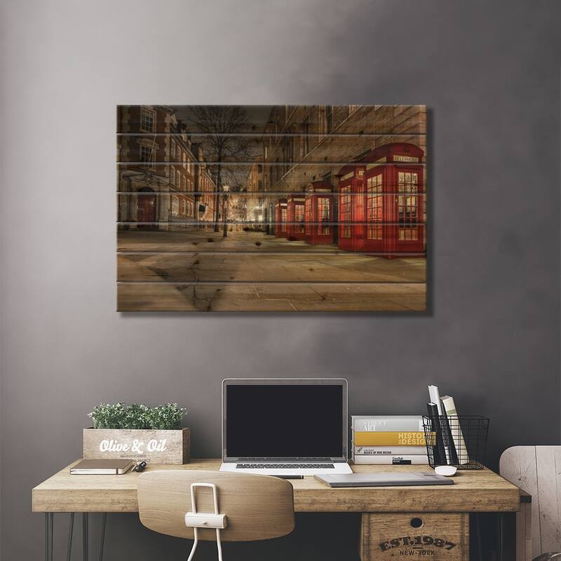 Iconic Red Phone Box - London Print On Wood by Mark Paulda - Multi-Color