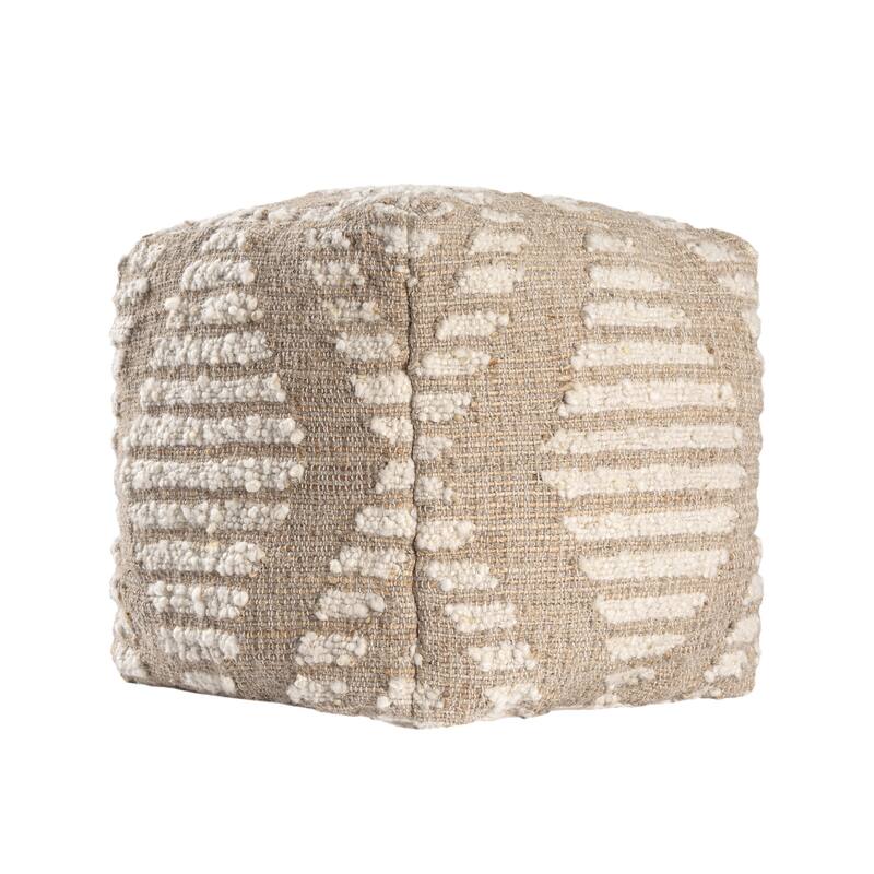 HomeRoots 18" Ivory and Natural Cotton Jute And Wool Geometric Cube Pouf Ottoman