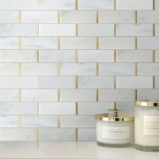 TileGen. Natural Bianco 2" x 6" Subway Metal and Marble Mosaic Tile in Gold/White Wall Tile (10 sheets/9.7sqft.)